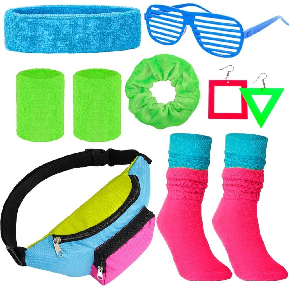 80s Neon Costume Set Women Leg Warmers Fanny Pack Headband Wristbands